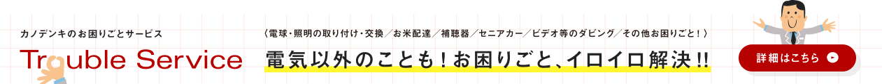 電球・照明の取り付け・交換／お米配達／補聴器／セニアカー／ビデオ等のダビング／その他お困りごと〜！イロイロ解決！カノデンキのお困りごとサービス