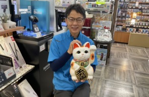 商品棚の上から見守る、カノデンキの招き猫